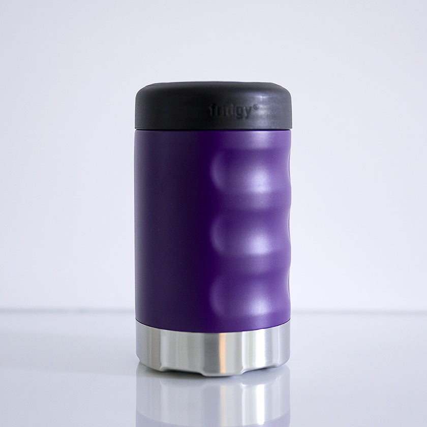 Fridgy 375ml Can Cooler in Purple Army – Double-wall insulated stainless steel can holder designed to keep drinks cold for hours.