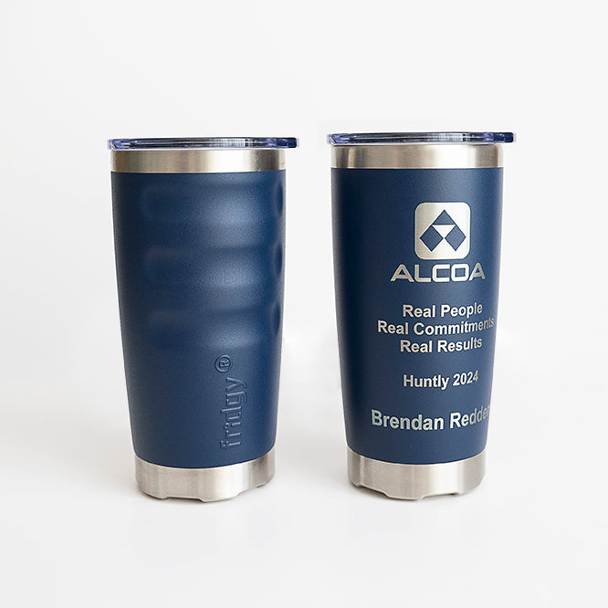 Fridgy 600ml Tumbler in Navy Forge – Double-wall insulated stainless steel tumbler with a custom engraved company logo and employee name, perfect for hot and cold drinks.