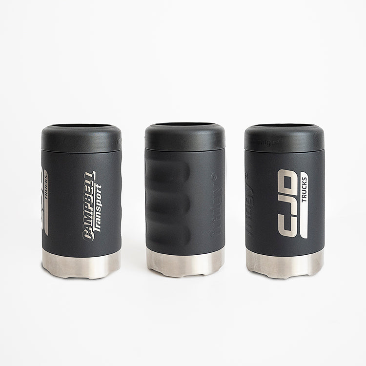 Fridgy Black Can Cooler – Double-wall insulated stainless steel can holder with custom engraved company logo, designed to keep drinks cold for hours.