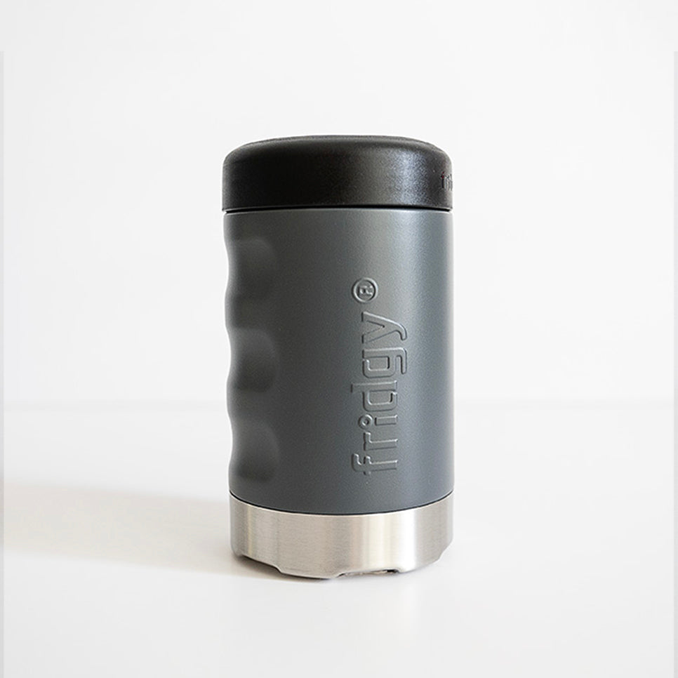 Fridgy Can Cooler in Storm Grey – Double-wall insulated stainless steel can holder designed to keep drinks cold for hours, perfect for outdoor and worksite use.