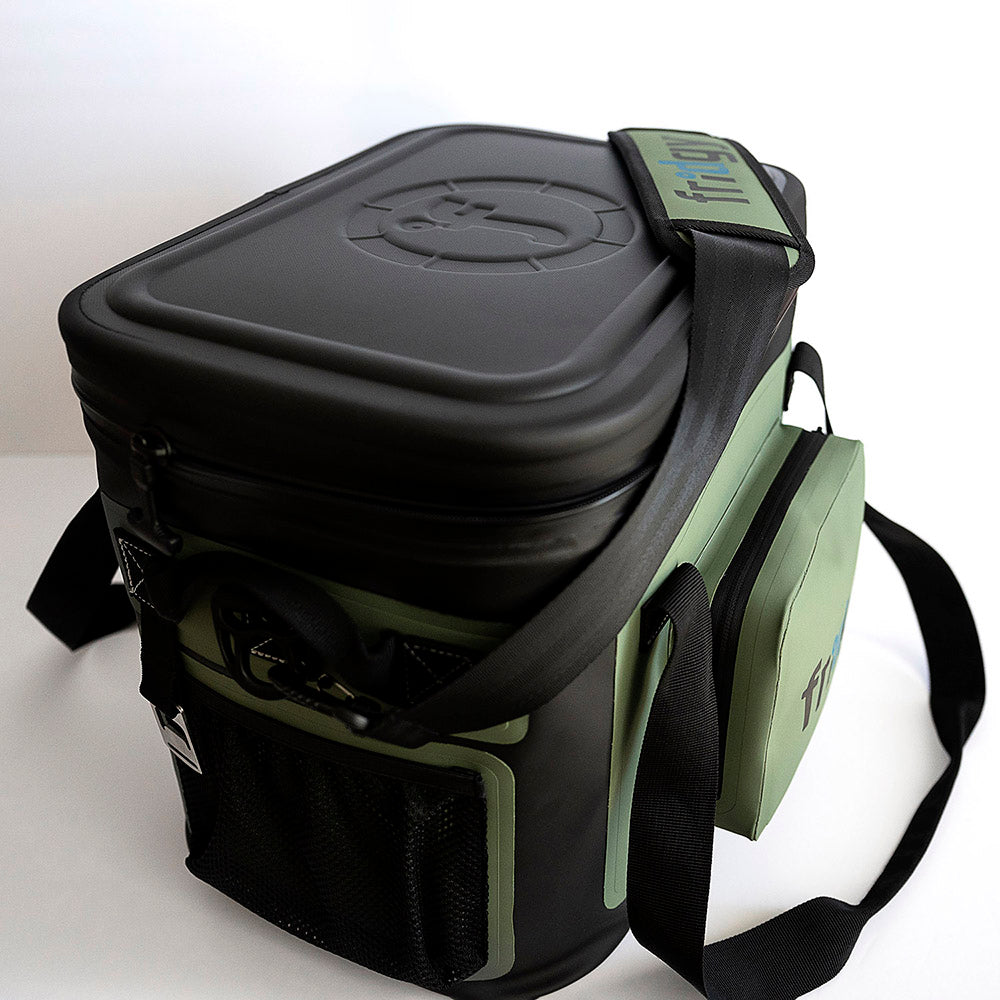 Side and front view of Fridgy 14L CribMate in Commando Green – Insulated soft cooler featuring a durable design, waterproof zipper, and reinforced handles for easy carrying.