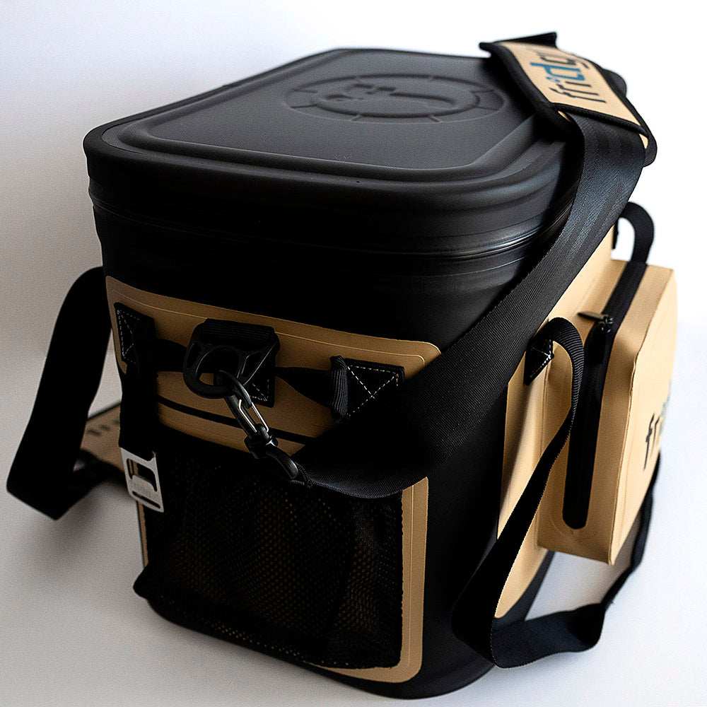 Side and front view of Fridgy 14L CribMate in Sandy Taupe – Insulated soft cooler featuring a durable design, waterproof zipper, and reinforced handles for easy carrying.