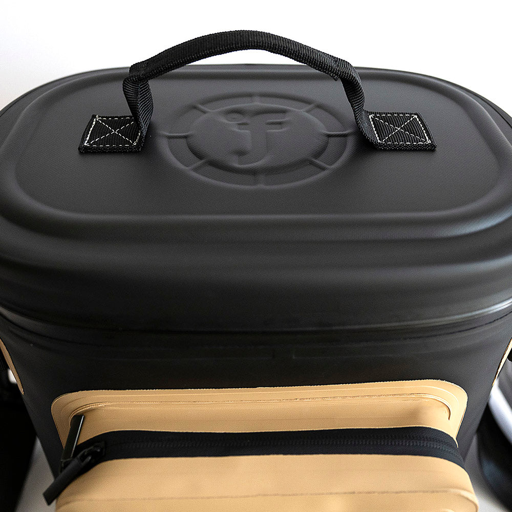 Close-up front view of Fridgy 14L CribMate in Sandy Taupe with closed lid – Insulated soft cooler showcasing its durable construction, waterproof zipper, and compact design for keeping food and drinks fresh.