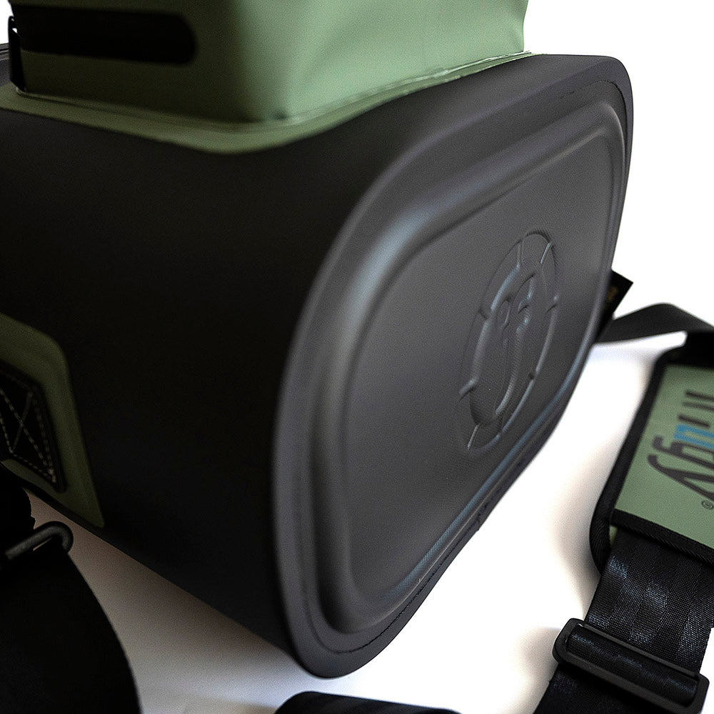 Close-up bottom view of Fridgy 14L CribMate in Commando Green – Insulated soft cooler laying on its back, highlighting its reinforced base for durability and stability.