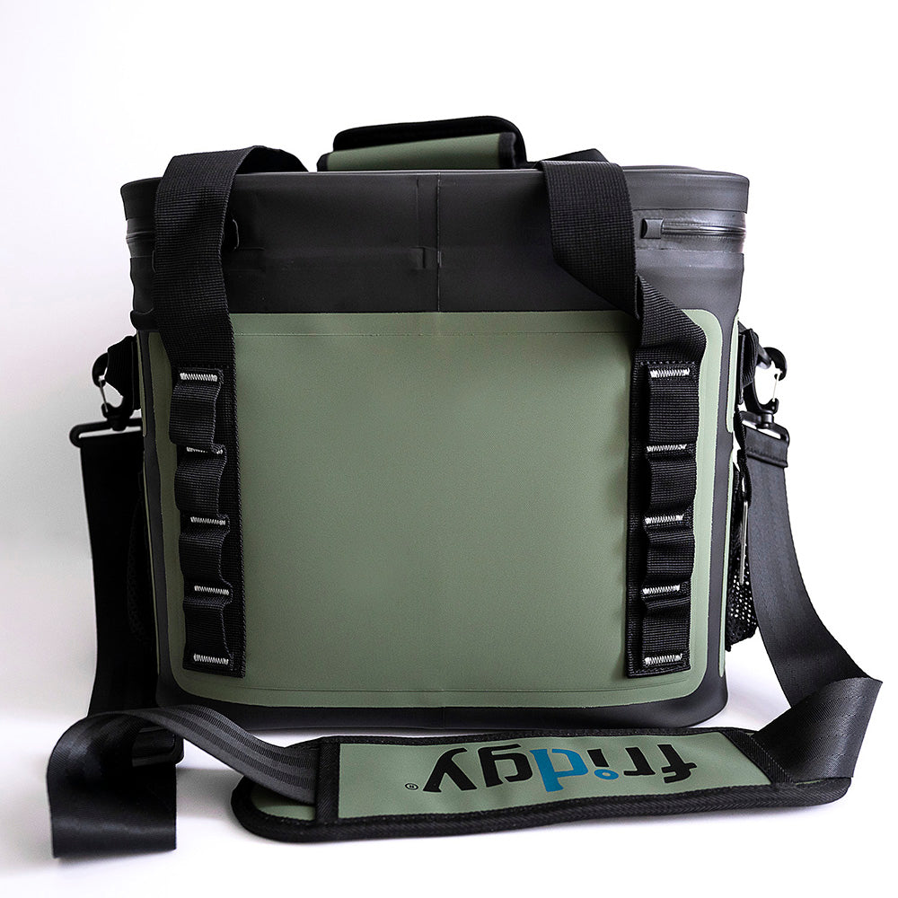 Back view of Fridgy 14L CribMate in Commando Green – Insulated soft cooler featuring reinforced carry handles, durable construction, and waterproof zippers for long-lasting performance.