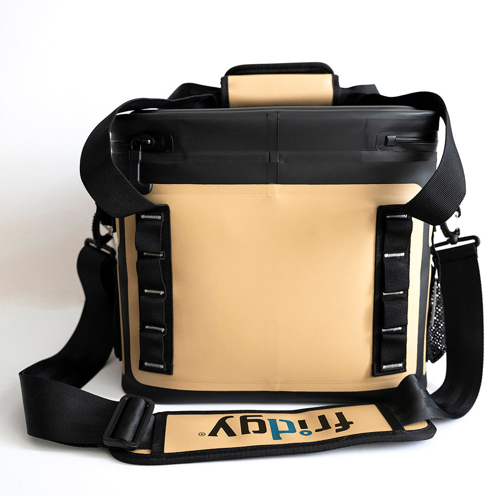 Back view of Fridgy 14L CribMate in Sandy Taupe – Insulated soft cooler featuring reinforced carry handles, durable construction, and waterproof zippers for long-lasting performance.