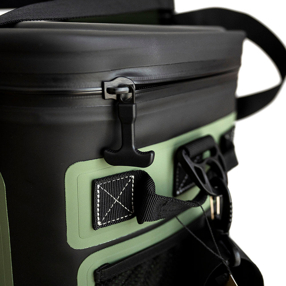 Close-up of shoulder strap attachment point on Fridgy 14L CribMate in Commando Green with half-open lid zipper – Insulated soft cooler showcasing reinforced strap design and waterproof zipper for durability.