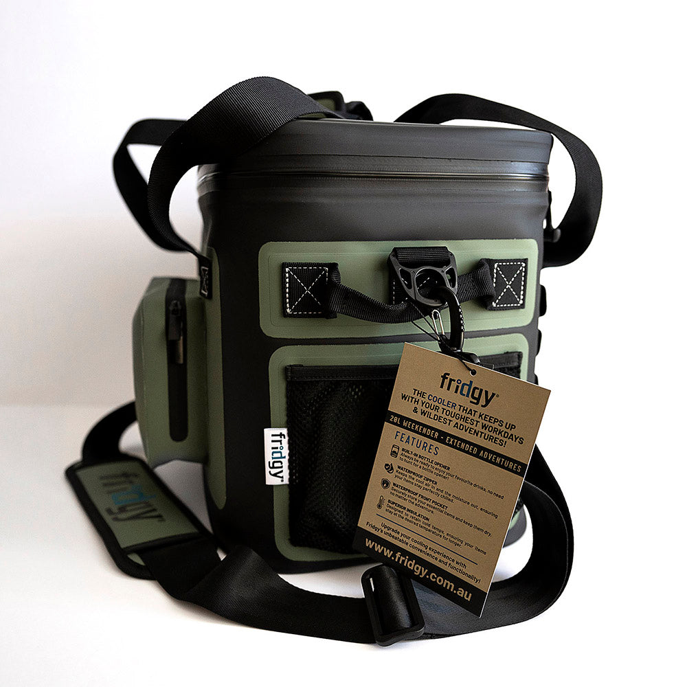 Side view of Fridgy 14L CribMate in Commando Green showcasing product tags – Insulated soft cooler featuring durable construction, waterproof zippers, and reinforced handles for easy carrying.