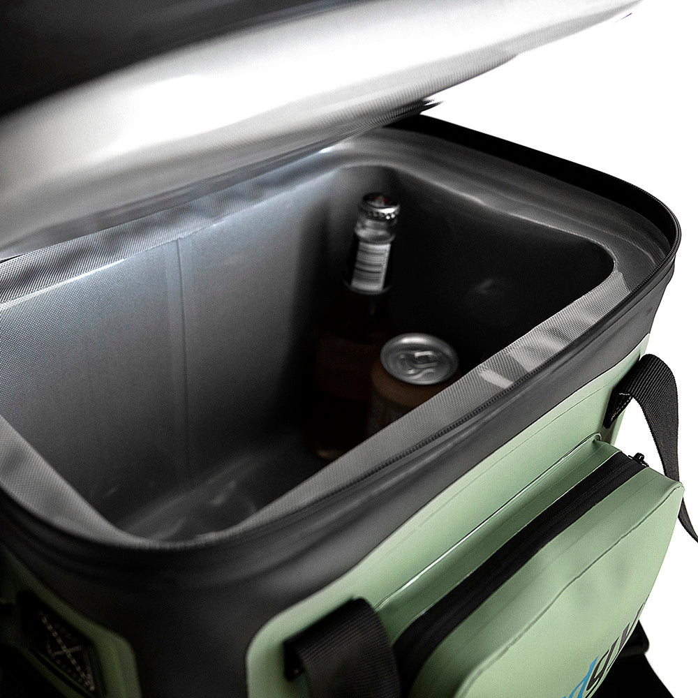 Close-up of Fridgy 14L CribMate in Commando Green with lid open and drinks inside – Insulated soft cooler showcasing its spacious interior, durable construction, and waterproof zipper for maximum temperature retention.