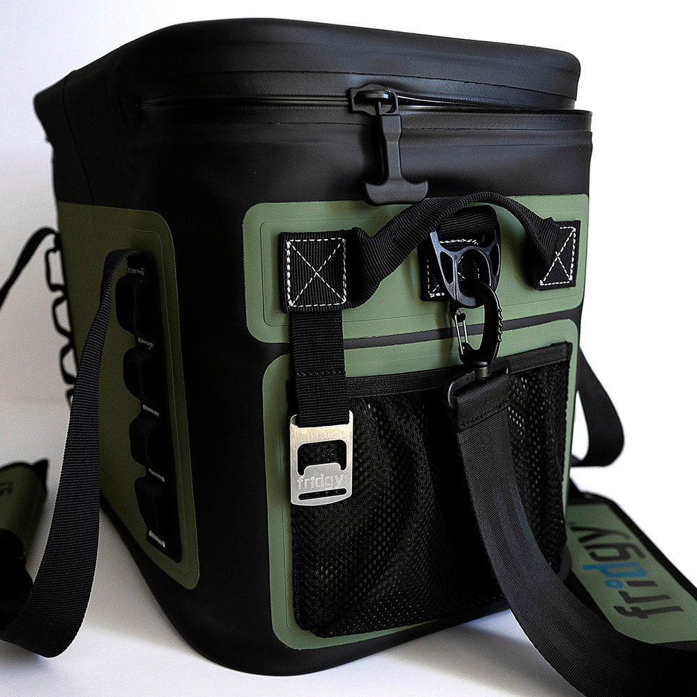 Close-up side view of Fridgy 14L CribMate in Commando Green – Insulated soft cooler highlighting its durable construction, waterproof zipper, and reinforced stitching for long-lasting performance.