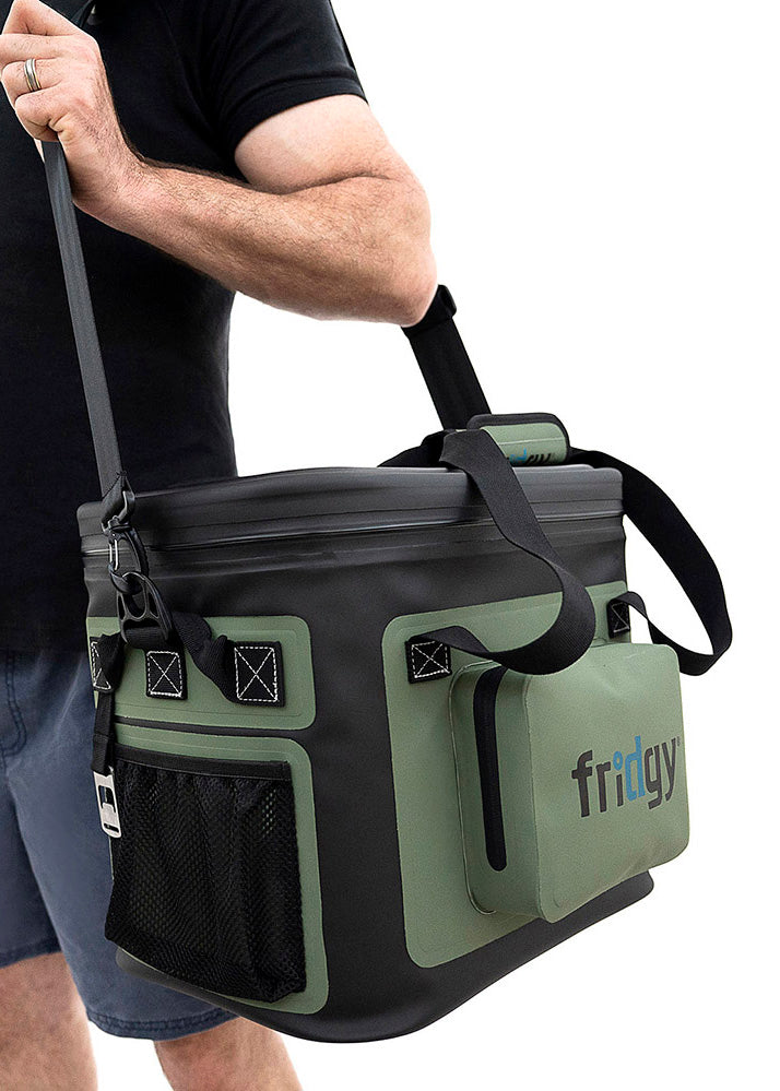 Front view of Fridgy 20L Weekender Cooler in Commando Green – Insulated soft cooler featuring a durable design, waterproof zipper, and spacious storage for keeping food and drinks fresh.