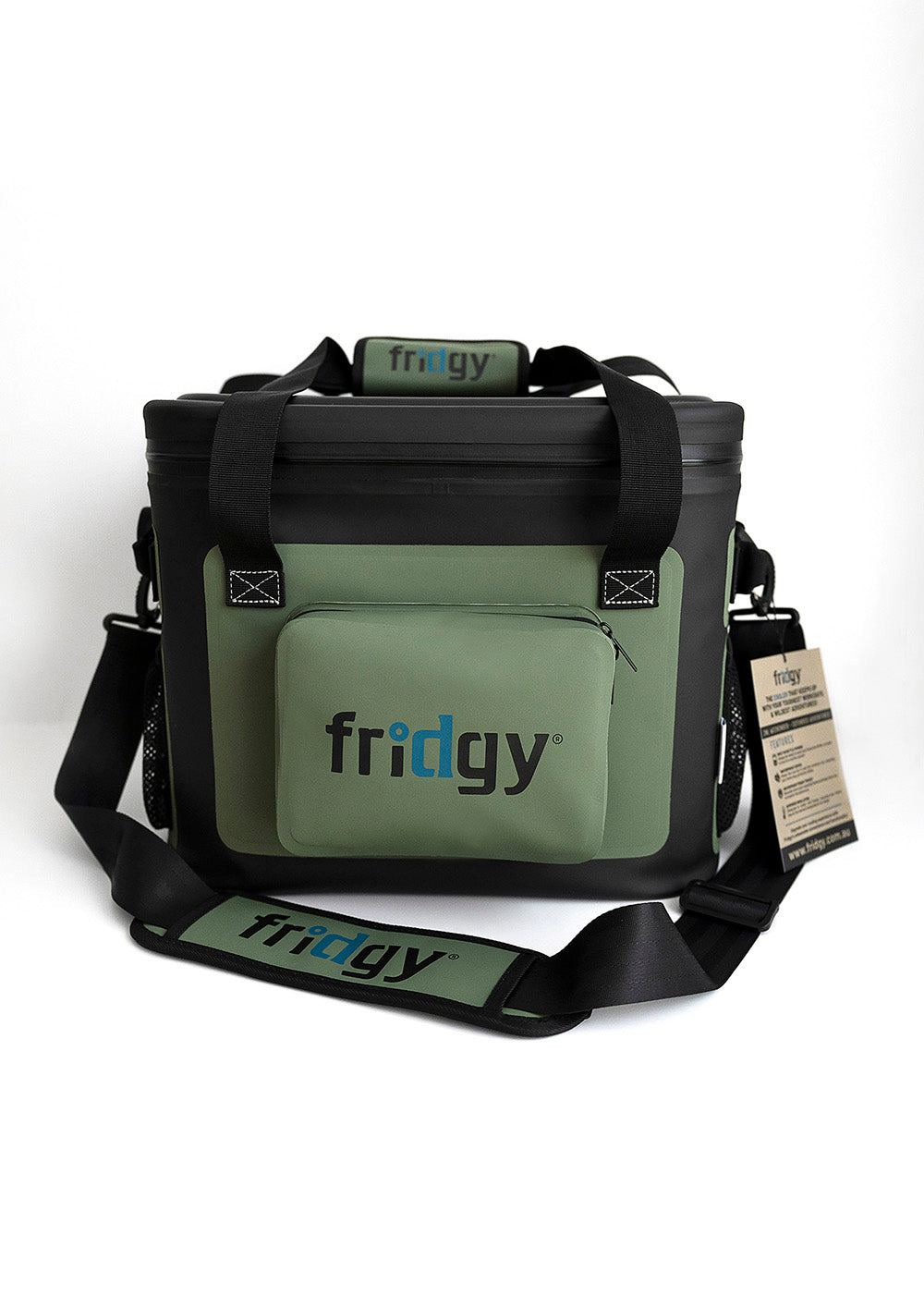 Front view of Fridgy 20L Weekender Cooler in Commando Green – Insulated soft cooler featuring a durable design, waterproof zipper, and spacious storage for keeping food and drinks fresh.
