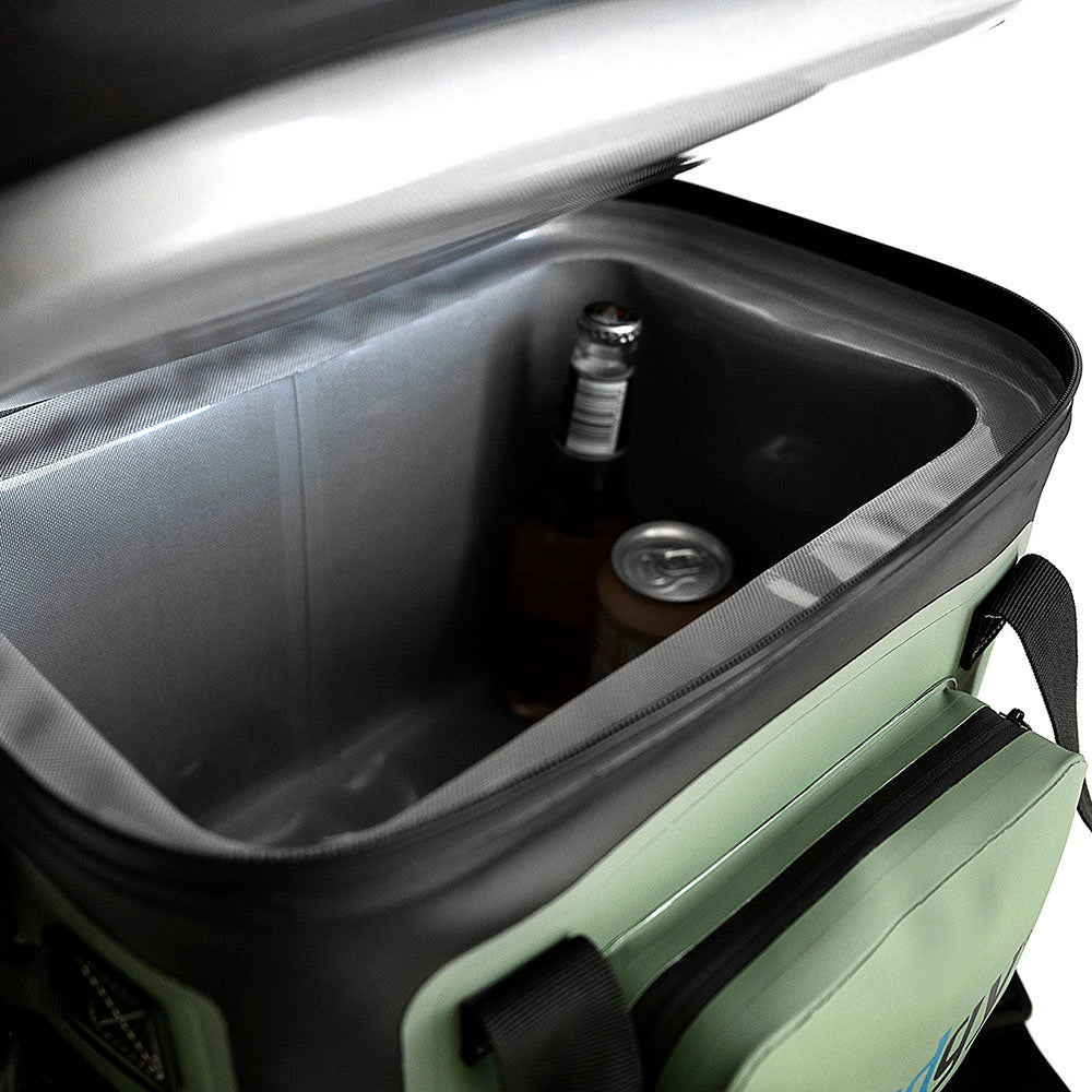 Fridgy 20L Weekender Cooler in Commando Green with lid open – Insulated soft cooler filled with drinks, showcasing its spacious interior, waterproof zipper, and durable design for outdoor adventures.