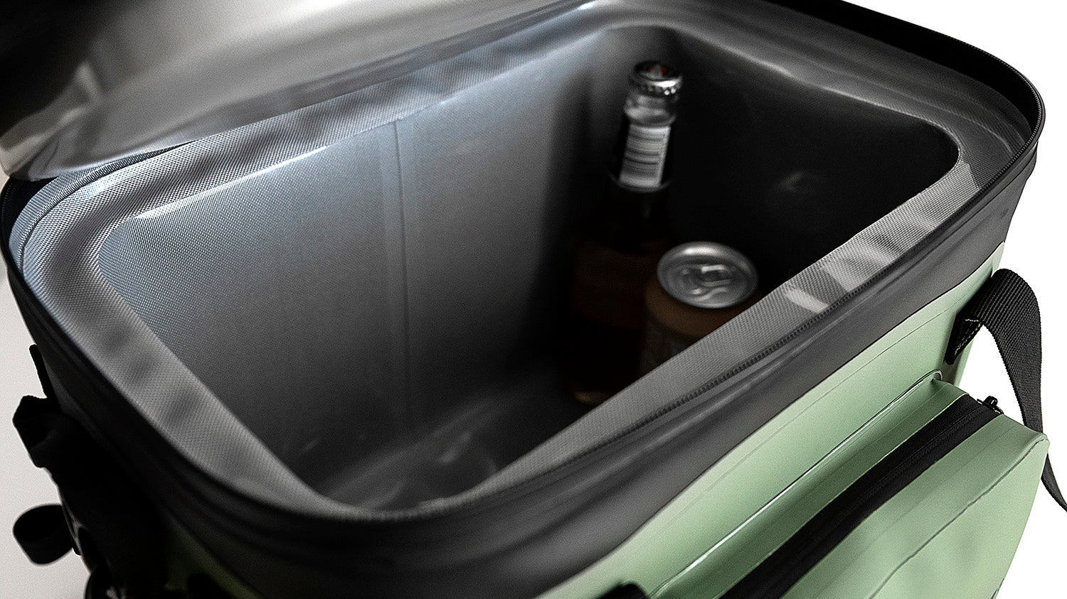 Fridgy 20L CribMate Weekender in Commando Green with lid open – Insulated soft cooler showcasing its spacious interior, waterproof zipper, and durable construction for keeping food and drinks fresh.