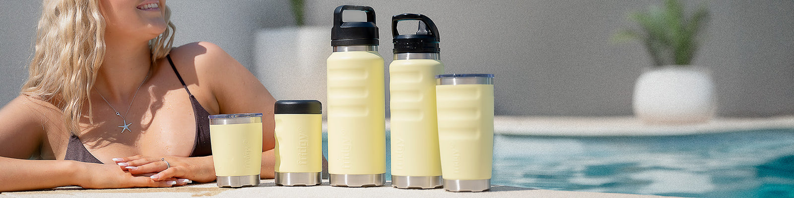 Fridgy pastel range, Lemon Spritz bottles and tumblers poolside