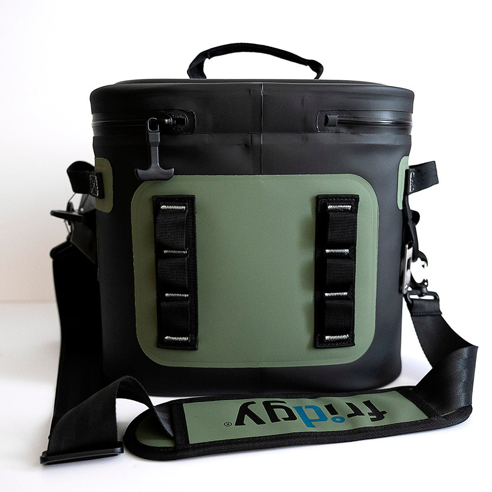 Man in high-vis carrying Fridgy 8L CribMate in Commando Green over his shoulder – Insulated soft cooler designed for durability, comfort, and keeping food and drinks fresh on the job site.