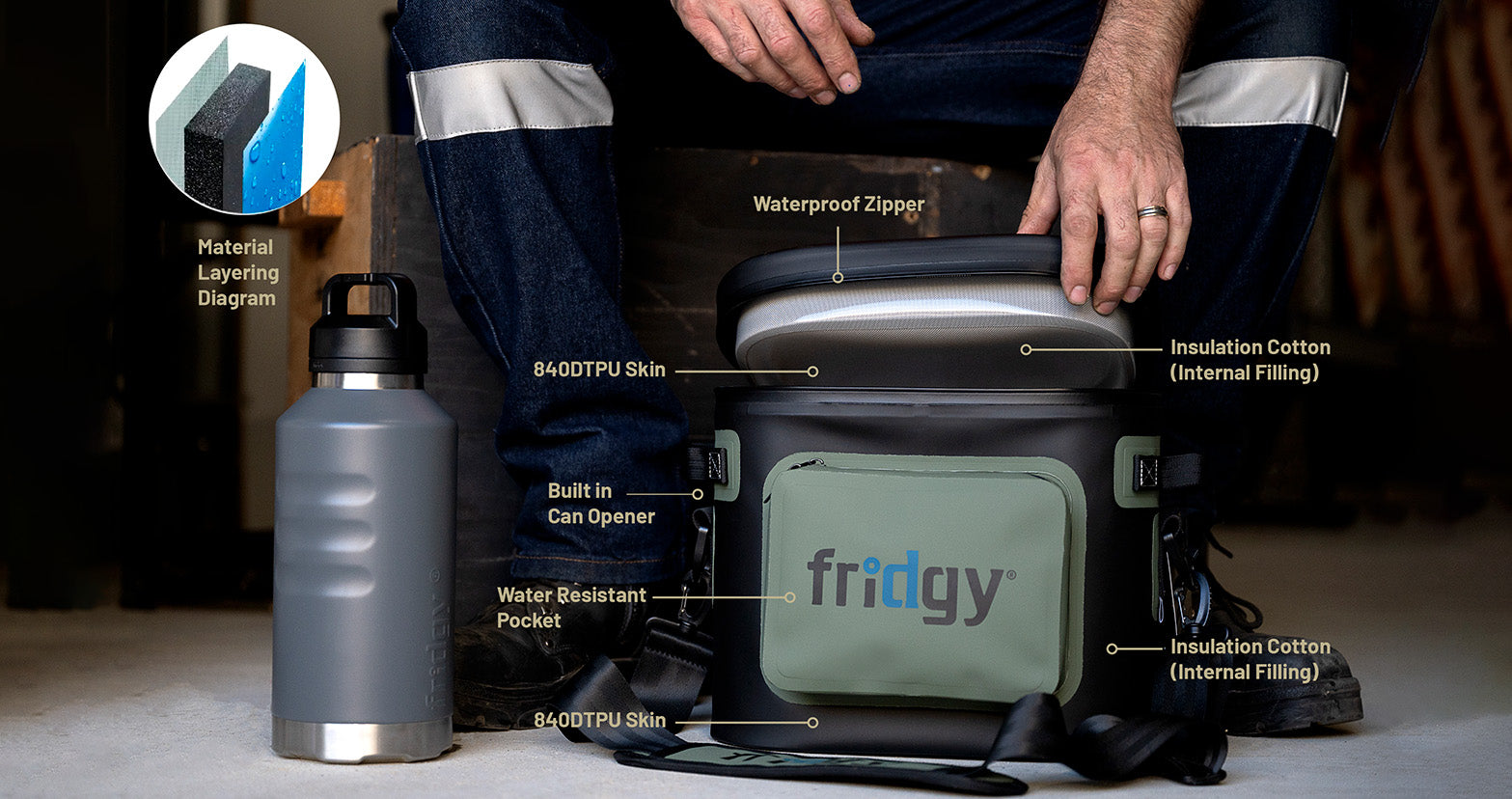 Fridgy 8L CribMate in Commando Green with feature diagram – Insulated soft cooler showcasing waterproof zipper, built-in can opener, water-resistant pocket, durable 840D TPU skin, and internal insulation cotton for superior cooling performance.