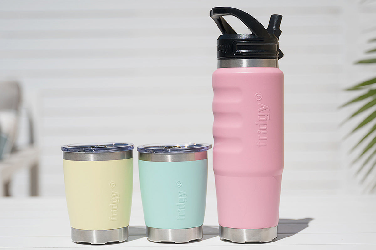 Fridgy Pastel Summer Vibes Set – 750ml Cruise Range bottle and two Mini Sipper Tumblers in pastel colours, for hot and cold drinks.