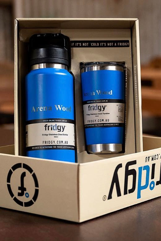 Fridgy gift box open with a 600ml Tumbler and 780ml Grip Range Bottle – Premium insulated drinkware set featuring a double-wall tumbler and a double-wall vacuum stainless steel water bottle, perfect for gifting.