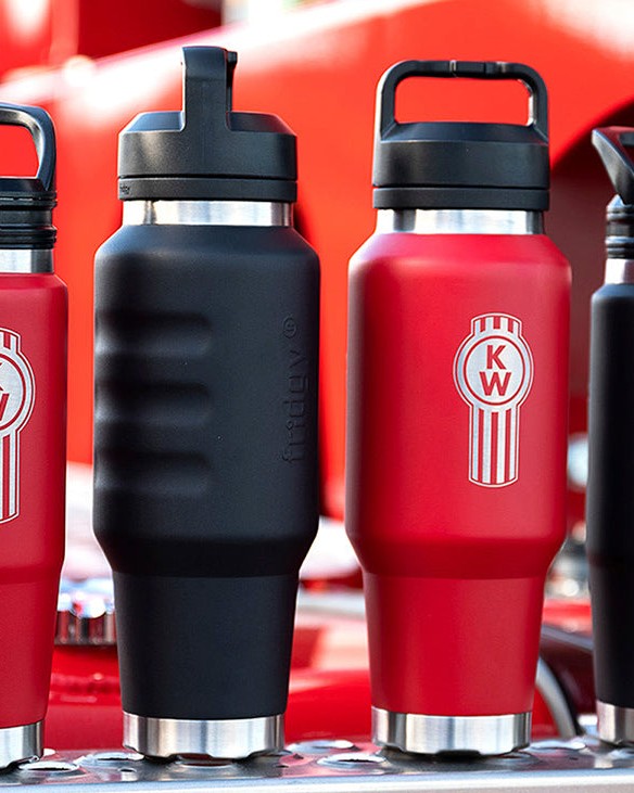 Kenworth branded Fridgy bottles on a truck, custom laser engraved corporate drinkware
