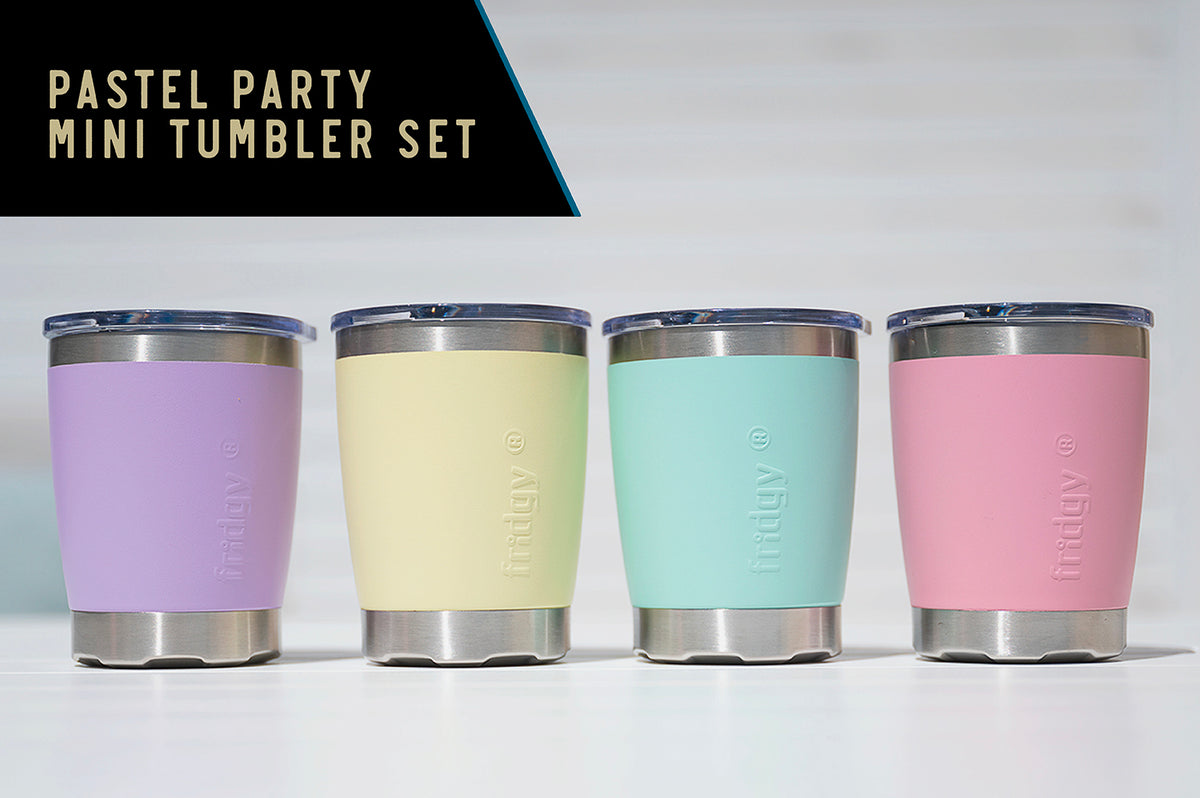 Fridgy Mini Sipper Tumbler Set – Pastel collection featuring 350ml insulated coffee/beverage tumblers with spill-proof lids, perfect for hot and cold drinks.