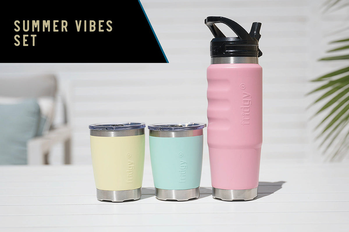 Fridgy Pastel Summer Vibes Set – 750ml Cruise Range bottle and two Mini Sipper Tumblers in pastel colours, for hot and cold drinks.