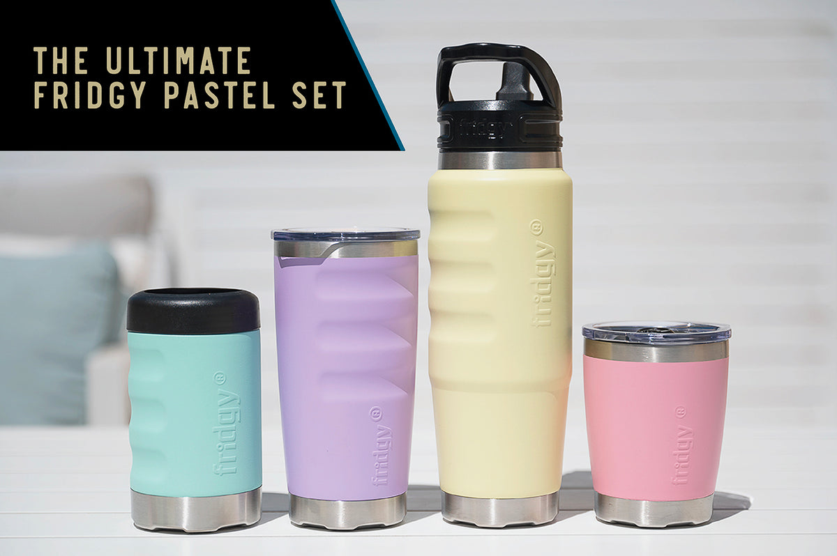 The Ultimate Fridgy Pastel Set – 750ml Cruise Range bottle, Can Cooler, Mini Sipper Tumbler, and 600ml Tumbler in pastel colours, for hot and cold drinks.