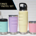 The Ultimate Fridgy Pastel Set – 750ml Cruise Range bottle, Can Cooler, Mini Sipper Tumbler, and 600ml Tumbler in pastel colours, for hot and cold drinks.