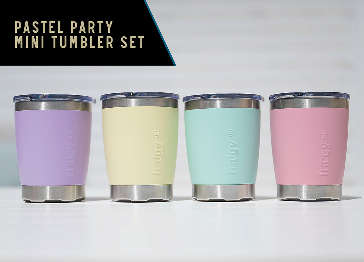 Fridgy Mini Sipper Tumbler Set – Pastel collection featuring 350ml insulated coffee/beverage tumblers with spill-proof lids, perfect for hot and cold drinks.