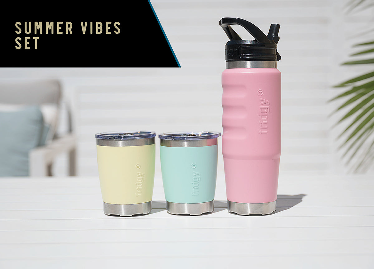 Fridgy Pastel Summer Vibes Set – 750ml Cruise Range bottle and two Mini Sipper Tumblers in pastel colours, for hot and cold drinks.