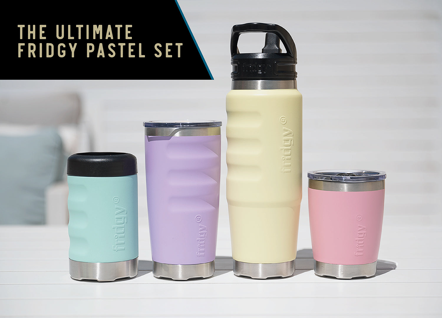 The Ultimate Fridgy Pastel Set – 750ml Cruise Range bottle, Can Cooler, Mini Sipper Tumbler, and 600ml Tumbler in pastel colours, for hot and cold drinks.