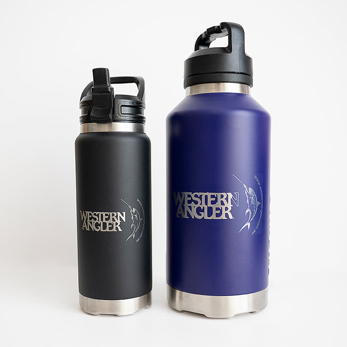 Fridgy 1.9L All-Dayer and 1080ml Grip Range Bottles – Double-wall vacuum insulated stainless steel water bottles with ergonomic grip, placed side by side featuring custom engraved company logos.